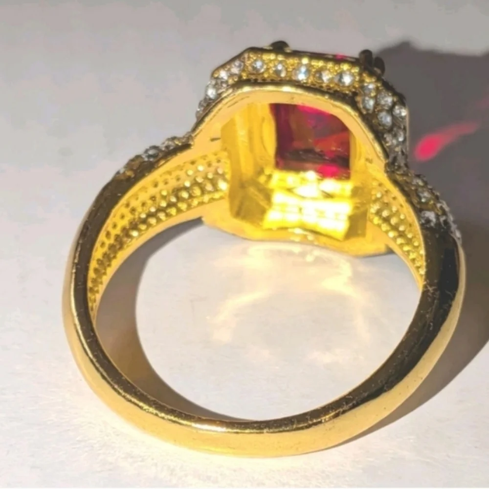 4ct Radiant Cut Lab Created Ruby For Male Or Female 18k Gold Plated Ring  Sz12